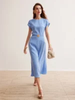 MOTF PREMIUM Vestido De Linho Puro Com Cinto De Flor Metálica Dourada - Imagem 4