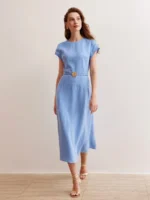 MOTF PREMIUM Vestido De Linho Puro Com Cinto De Flor Metálica Dourada - Imagem 6