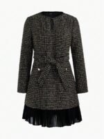 MOTF PREMIUM VESTIDO CURTO CINTO COM GOLA KEYHOLE, ESTAMPA XADREZ DE TWEED, BAINHA PREGUEADA CONTRASTANTE - Imagem 8