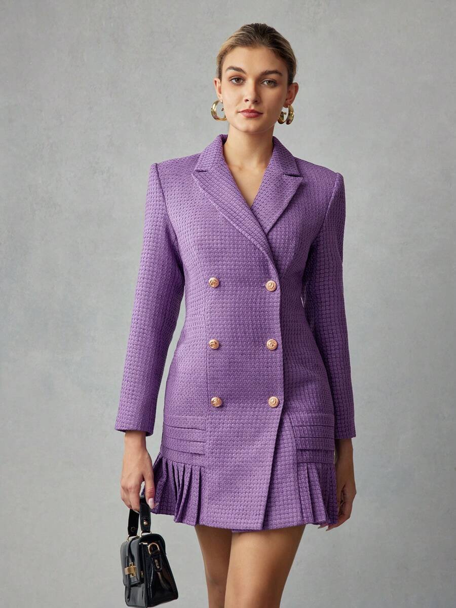 MOTF PREMIUM VESTIDO CURTO DE PEITO DUPLO COM GOLA DE LAPELA SÓLIDA, BAINHA PREGUEADA