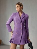 MOTF PREMIUM VESTIDO CURTO DE PEITO DUPLO COM GOLA DE LAPELA SÓLIDA, BAINHA PREGUEADA - Imagem 3