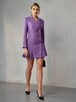 MOTF PREMIUM VESTIDO CURTO DE PEITO DUPLO COM GOLA DE LAPELA SÓLIDA, BAINHA PREGUEADA - Imagem 5