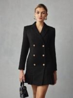 MOTF PREMIUM VESTIDO CURTO DE PEITO DUPLO COM GOLA DE LAPELA SÓLIDA, BAINHA PREGUEADA - Imagem 8