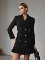 MOTF PREMIUM VESTIDO CURTO DE PEITO DUPLO COM GOLA DE LAPELA SÓLIDA, BAINHA PREGUEADA - Imagem 10