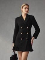 MOTF PREMIUM VESTIDO CURTO DE PEITO DUPLO COM GOLA DE LAPELA SÓLIDA, BAINHA PREGUEADA - Imagem 13