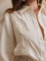 Anewsta Camisa Feminina de Linho com Bordado de Manga Longa