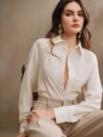 Anewsta Camisa Feminina de Linho com Bordado de Manga Longa - Imagem 6