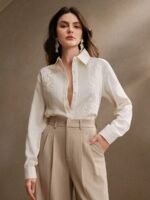 Anewsta Camisa Feminina de Linho com Bordado de Manga Longa - Imagem 7