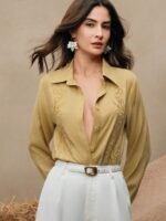 Anewsta Camisa Feminina de Linho com Bordado de Manga Longa - Imagem 11