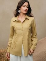 Anewsta Camisa Feminina de Linho com Bordado de Manga Longa - Imagem 13