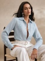 Anewsta Camisa Feminina de Linho com Bordado de Manga Longa - Imagem 17