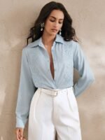 Anewsta Camisa Feminina de Linho com Bordado de Manga Longa - Imagem 18