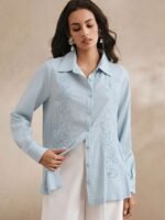 Anewsta Camisa Feminina de Linho com Bordado de Manga Longa - Imagem 20