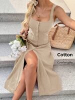 Easowa Vestido Midi de Linho Elegante para Férias e Verão, Decote Quadrado, Busto Franzido, Abertura na Frente, Laço nas Costas, Cintura com Laço, Estilo A-Line, Sem Mangas, Casual, Vestido de Linho Boho Maxi para Mulheres, Vestido Longo para Praia e Féri - Imagem 8