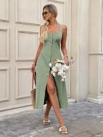 Easowa Vestido Midi de Linho Elegante para Férias e Verão, Decote Quadrado, Busto Franzido, Abertura na Frente, Laço nas Costas, Cintura com Laço, Estilo A-Line, Sem Mangas, Casual, Vestido de Linho Boho Maxi para Mulheres, Vestido Longo para Praia e Féri - Imagem 18