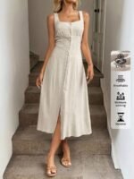 Easowa Vestido Midi de Linho Elegante para Férias e Verão, Decote Quadrado, Busto Franzido, Abertura na Frente, Laço nas Costas, Cintura com Laço, Estilo A-Line, Sem Mangas, Casual, Vestido de Linho Boho Maxi para Mulheres, Vestido Longo para Praia e Féri - Imagem 25