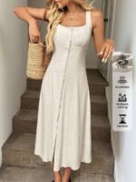 Easowa Vestido Midi de Linho Elegante para Férias e Verão, Decote Quadrado, Busto Franzido, Abertura na Frente, Laço nas Costas, Cintura com Laço, Estilo A-Line, Sem Mangas, Casual, Vestido de Linho Boho Maxi para Mulheres, Vestido Longo para Praia e Féri - Imagem 29