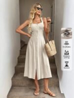Easowa Vestido Midi de Linho Elegante para Férias e Verão, Decote Quadrado, Busto Franzido, Abertura na Frente, Laço nas Costas, Cintura com Laço, Estilo A-Line, Sem Mangas, Casual, Vestido de Linho Boho Maxi para Mulheres, Vestido Longo para Praia e Féri - Imagem 30