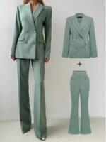 Conjunto Básico Elegante para Viagem de Negócios Diária: Blazer de Manga Longa com Cintura Marcada + Calça Flare de Cintura Alta, Conjunto de Terno - Imagem 2