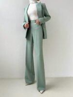 Conjunto Básico Elegante para Viagem de Negócios Diária: Blazer de Manga Longa com Cintura Marcada + Calça Flare de Cintura Alta, Conjunto de Terno - Imagem 4