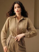 Anewsta Camisa Feminina de Linho com Bordado de Manga Longa - Imagem 26