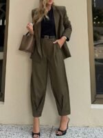 2 Peças Conjunto de Terno Casual de Negócios Feminino, Blazer Ajustado de Cor Sólida + Calça Slim Fit Tornozelo, Blazer de Bolso de Cor Sólida e Conjunto de Calça Tornozelo, Adequado para Escritório, Férias, Escola, Diário, Aeroporto, Primavera e Outono