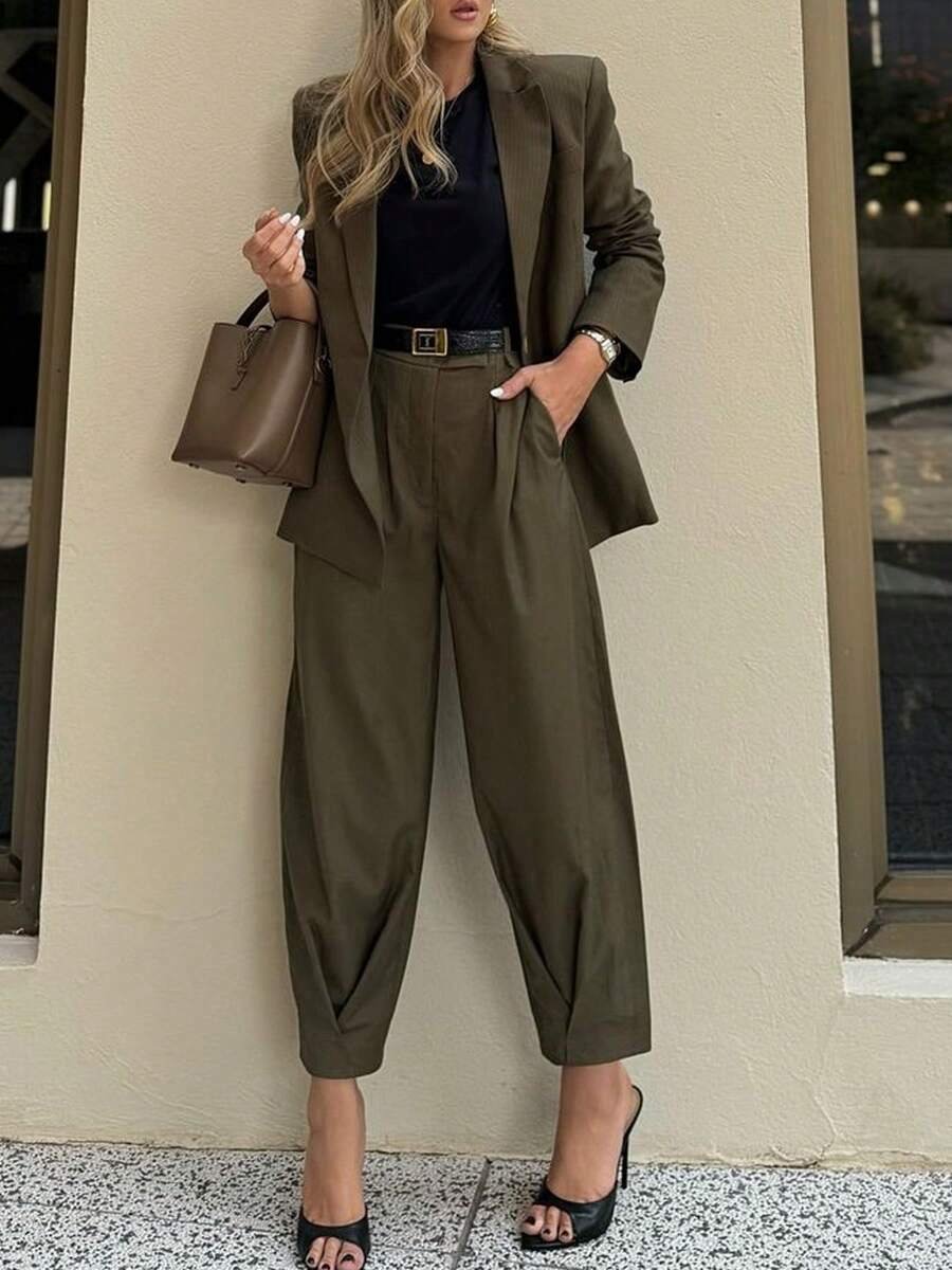 175825981589c52db80987feb5da5cc88779cea1a6_thumbnail_900x 2 Peças Conjunto de Terno Casual de Negócios Feminino, Blazer Ajustado de Cor Sólida + Calça Slim Fit Tornozelo, Blazer de Bolso de Cor Sólida e Conjunto de Calça Tornozelo, Adequado para Escritório, Férias, Escola, Diário, Aeroporto, Primavera e Outono - Imagem 1