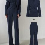 Conjunto Básico Elegante para Viagem de Negócios Diária: Blazer de Manga Longa com Cintura Marcada + Calça Flare de Cintura Alta, Conjunto de Terno