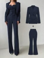 Conjunto Básico Elegante para Viagem de Negócios Diária: Blazer de Manga Longa com Cintura Marcada + Calça Flare de Cintura Alta, Conjunto de Terno