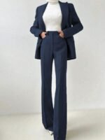 Conjunto Básico Elegante para Viagem de Negócios Diária: Blazer de Manga Longa com Cintura Marcada + Calça Flare de Cintura Alta, Conjunto de Terno - Imagem 15