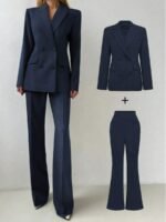 Conjunto Básico Elegante para Viagem de Negócios Diária: Blazer de Manga Longa com Cintura Marcada + Calça Flare de Cintura Alta, Conjunto de Terno - Imagem 12