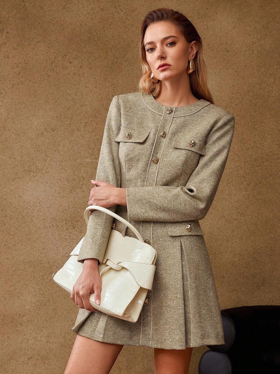 MOTF PREMIUM VESTIDO COM DETALHE DE ABA DE LÃ, DOBRA E BAINHA PLISSADA