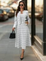 Ellevyn Conjunto de 2 peças com Casaco de Tricô de Manga Longa com Botões de Pérola e Vestido Quadrado Xadrez com Cintura Afunilada em Linha A, Elegante para o Dia a Dia, Trabalho e Passeios no Outono/Inverno - Imagem 7