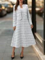 Ellevyn Conjunto de 2 peças com Casaco de Tricô de Manga Longa com Botões de Pérola e Vestido Quadrado Xadrez com Cintura Afunilada em Linha A, Elegante para o Dia a Dia, Trabalho e Passeios no Outono/Inverno - Imagem 2