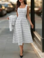 Ellevyn Conjunto de 2 peças com Casaco de Tricô de Manga Longa com Botões de Pérola e Vestido Quadrado Xadrez com Cintura Afunilada em Linha A, Elegante para o Dia a Dia, Trabalho e Passeios no Outono/Inverno - Imagem 6