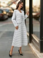 Ellevyn Conjunto de 2 peças com Casaco de Tricô de Manga Longa com Botões de Pérola e Vestido Quadrado Xadrez com Cintura Afunilada em Linha A, Elegante para o Dia a Dia, Trabalho e Passeios no Outono/Inverno - Imagem 3