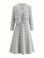 Ellevyn Conjunto de 2 peças com Casaco de Tricô de Manga Longa com Botões de Pérola e Vestido Quadrado Xadrez com Cintura Afunilada em Linha A, Elegante para o Dia a Dia, Trabalho e Passeios no Outono/Inverno - Imagem 13