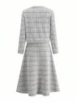 Ellevyn Conjunto de 2 peças com Casaco de Tricô de Manga Longa com Botões de Pérola e Vestido Quadrado Xadrez com Cintura Afunilada em Linha A, Elegante para o Dia a Dia, Trabalho e Passeios no Outono/Inverno - Imagem 14