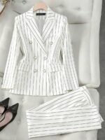 HOMEYEE Conjunto de Terno Listrado, Jaqueta de Terno Casual de Abotoamento Duplo e Calça Slim Fit, Estilo Versátil Adequado para Várias Ocasiões, Negócios e Férias - Imagem 13