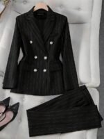 HOMEYEE Conjunto de Terno Listrado, Jaqueta de Terno Casual de Abotoamento Duplo e Calça Slim Fit, Estilo Versátil Adequado para Várias Ocasiões, Negócios e Férias - Imagem 7