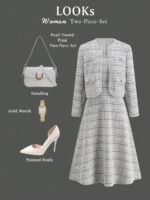 Ellevyn Conjunto de 2 peças com Casaco de Tricô de Manga Longa com Botões de Pérola e Vestido Quadrado Xadrez com Cintura Afunilada em Linha A, Elegante para o Dia a Dia, Trabalho e Passeios no Outono/Inverno - Imagem 15