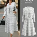 Ellevyn Conjunto de 2 peças com Casaco de Tricô de Manga Longa com Botões de Pérola e Vestido Quadrado Xadrez com Cintura Afunilada em Linha A, Elegante para o Dia a Dia, Trabalho e Passeios no Outono/Inverno