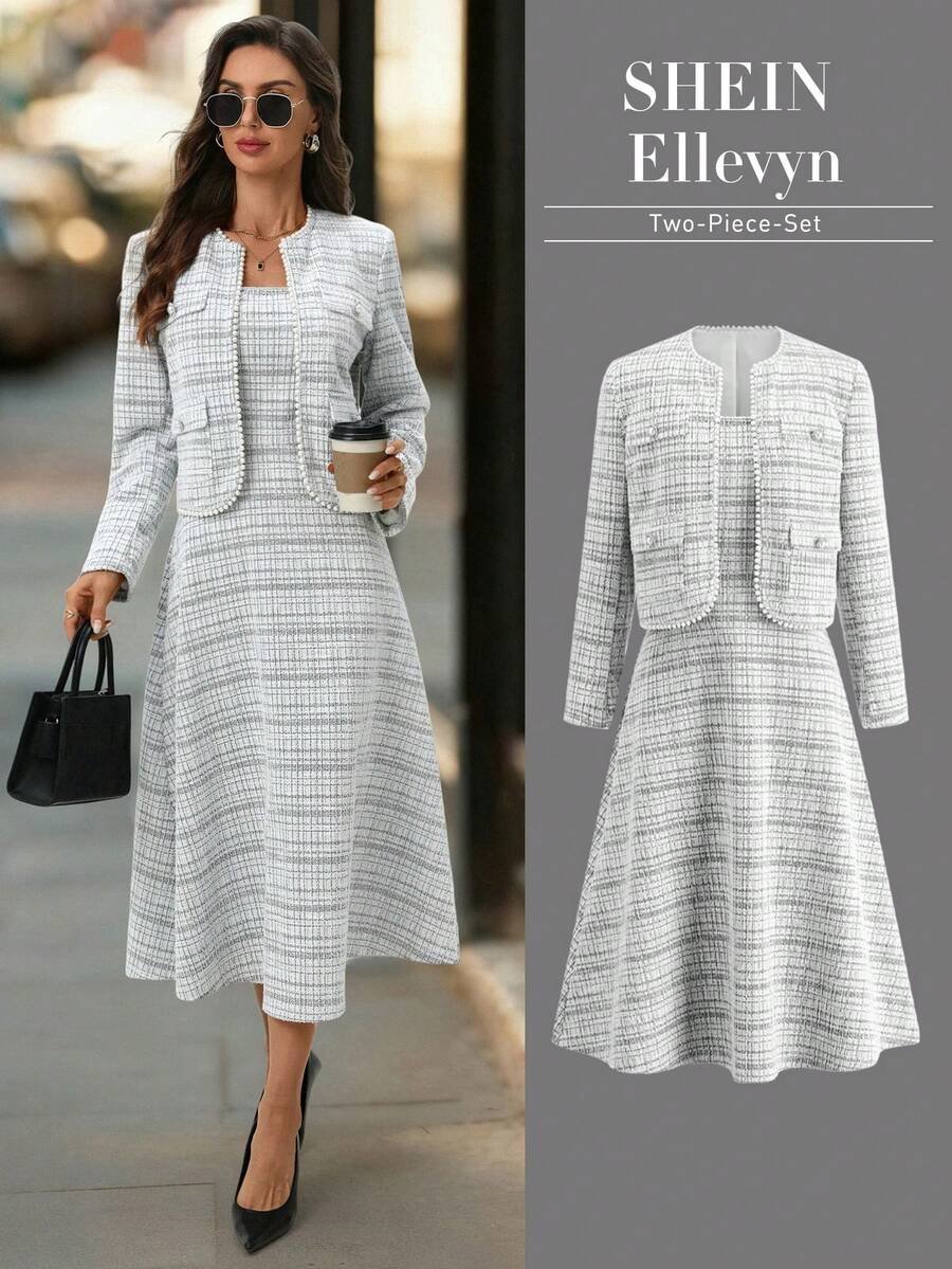 17643994400c9a89c76456ba447834b73c811a0307_thumbnail_900x Ellevyn Conjunto de 2 peças com Casaco de Tricô de Manga Longa com Botões de Pérola e Vestido Quadrado Xadrez com Cintura Afunilada em Linha A, Elegante para o Dia a Dia, Trabalho e Passeios no Outono/Inverno - Imagem 1