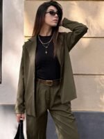 2 Peças Conjunto de Terno Casual de Negócios Feminino, Blazer Ajustado de Cor Sólida + Calça Slim Fit Tornozelo, Blazer de Bolso de Cor Sólida e Conjunto de Calça Tornozelo, Adequado para Escritório, Férias, Escola, Diário, Aeroporto, Primavera e Outono - Imagem 5