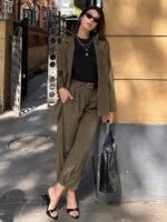 2 Peças Conjunto de Terno Casual de Negócios Feminino, Blazer Ajustado de Cor Sólida + Calça Slim Fit Tornozelo, Blazer de Bolso de Cor Sólida e Conjunto de Calça Tornozelo, Adequado para Escritório, Férias, Escola, Diário, Aeroporto, Primavera e Outono - Imagem 3