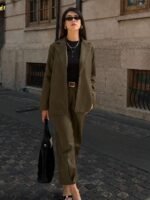 2 Peças Conjunto de Terno Casual de Negócios Feminino, Blazer Ajustado de Cor Sólida + Calça Slim Fit Tornozelo, Blazer de Bolso de Cor Sólida e Conjunto de Calça Tornozelo, Adequado para Escritório, Férias, Escola, Diário, Aeroporto, Primavera e Outono - Imagem 4